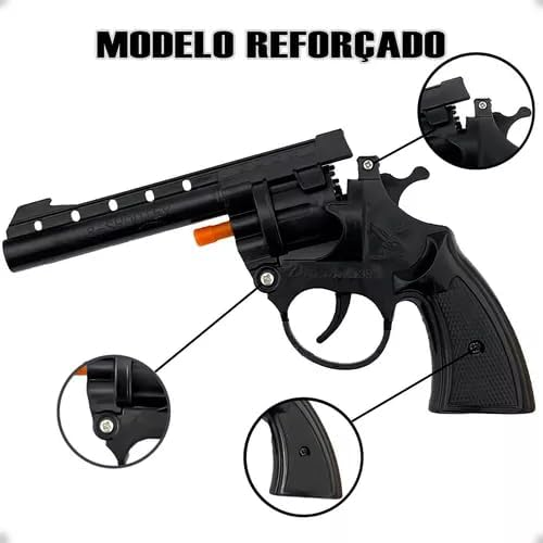 Detalhes do modelo reforçado do revólver de brinquedo, com destaque para o cabo, tambor e cano.