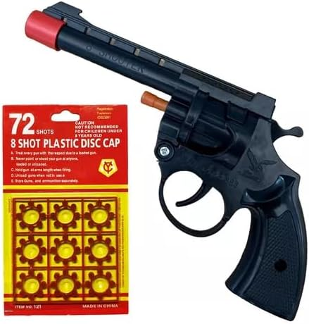 Revólver de brinquedo preto com ponta vermelha de identificação, acompanhado da cartela de espoletas com 72 efeitos sonoros.